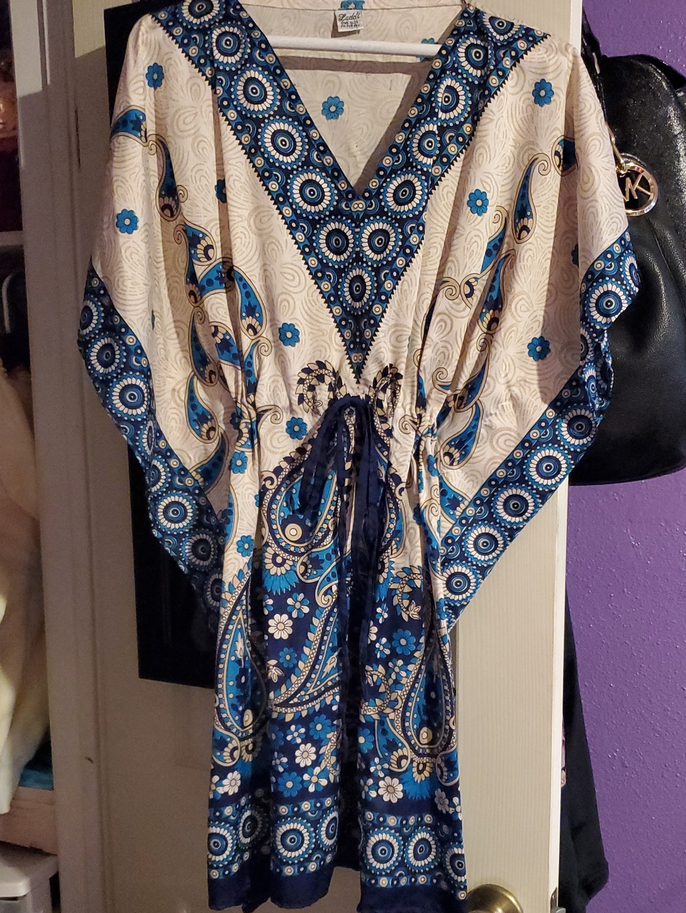 Womens Swim Suit Blue and White Paisley Kaftan Cover Up